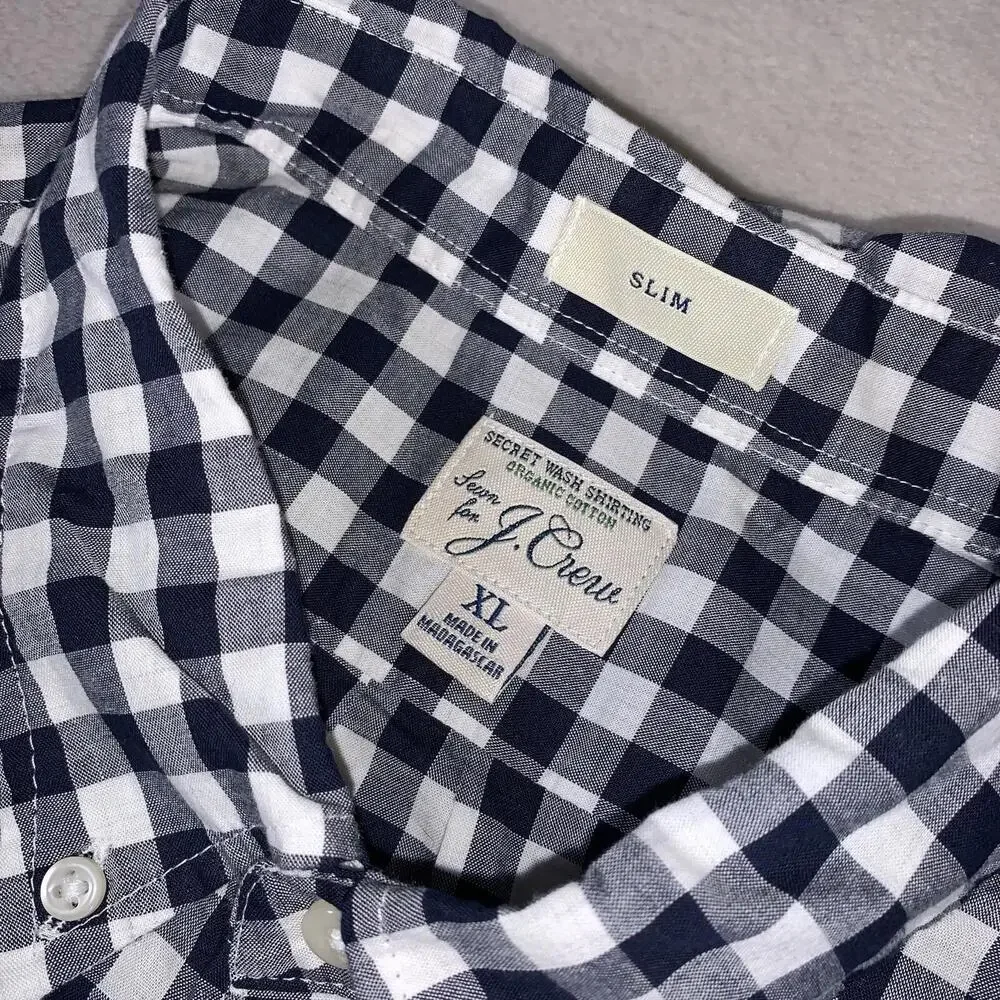 J Crew Shirt Mens XL‎ Navy Check Slim Stretch Secret Wash Organic Cotton NEW